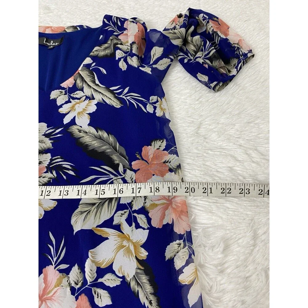 Lulus Tunic Dress Size S Blue Floral Slit Long Sleeves Chiffon Mini Office Party - Picture 7 of 14